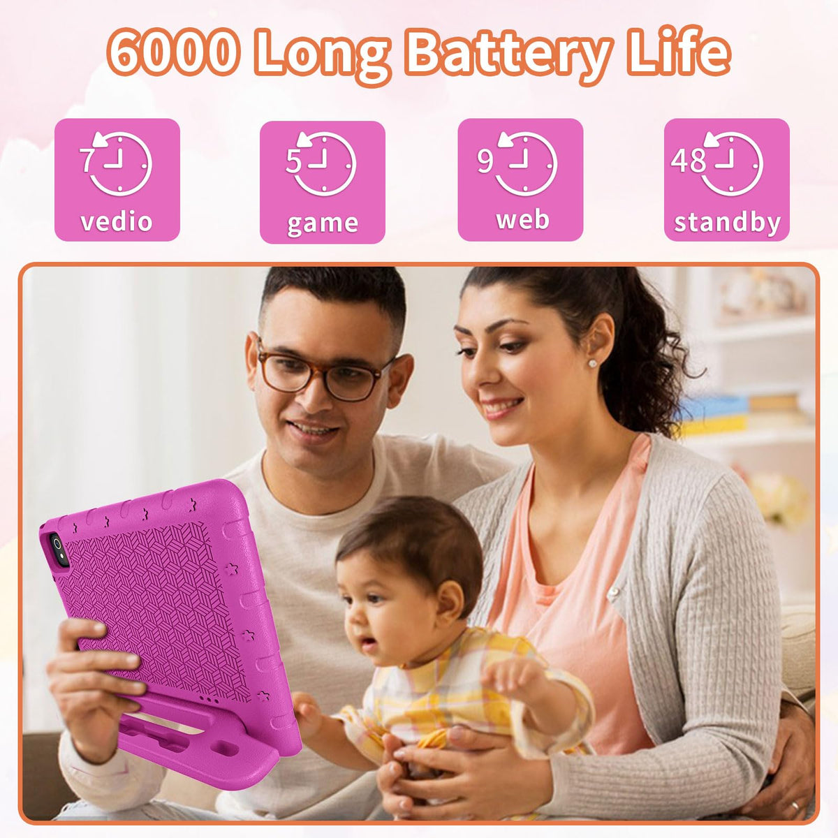 Back view of pink EDDBNi kids tablet with integrated kickstand