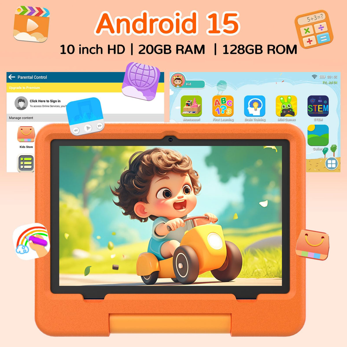 Iweggo 10 inch kids tablet displaying the colorful IWAWA interface