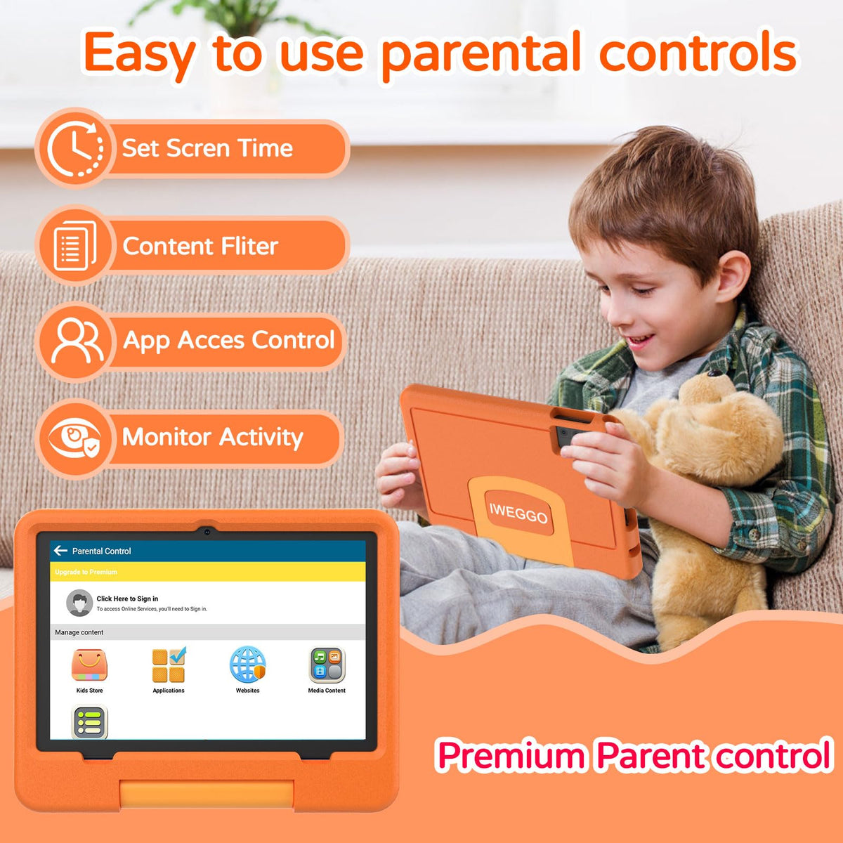 Iweggo kids tablet with accessories and protective packaging