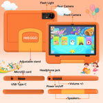 Child using the Iweggo Android 15 tablet with the stand deployed