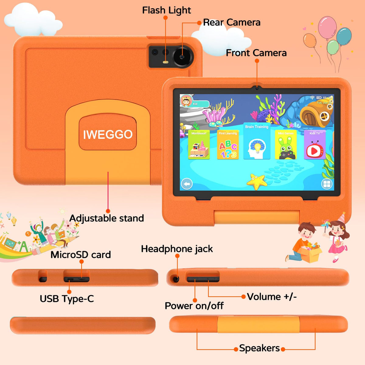 Child using the Iweggo Android 15 tablet with the stand deployed