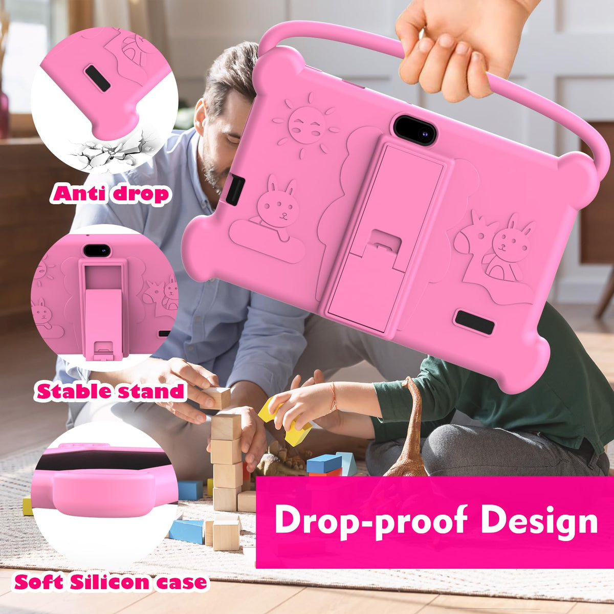 Back view of pink iconlink kids tablet with camera