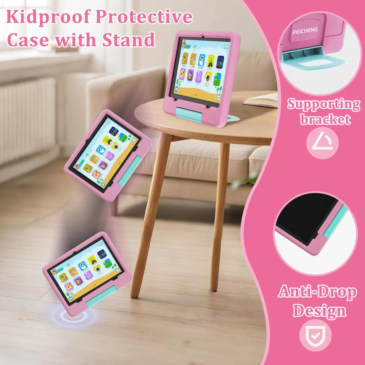 Peicheng Android 15 Kids Tablet screen display showing educational apps