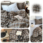 Complete three piece erwinmu plaid bedding collection neatly folded to present the color match between blue grid and brown tones