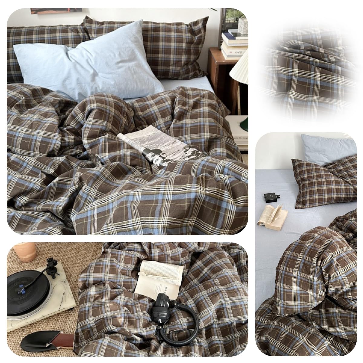 Complete three piece erwinmu plaid bedding collection neatly folded to present the color match between blue grid and brown tones