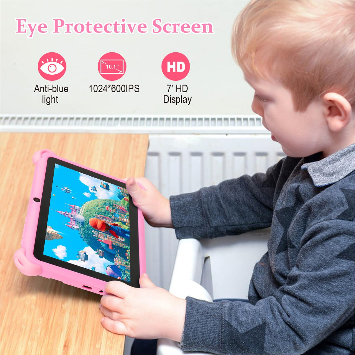 Close up of bear-shaped stand on pink kids tablet
