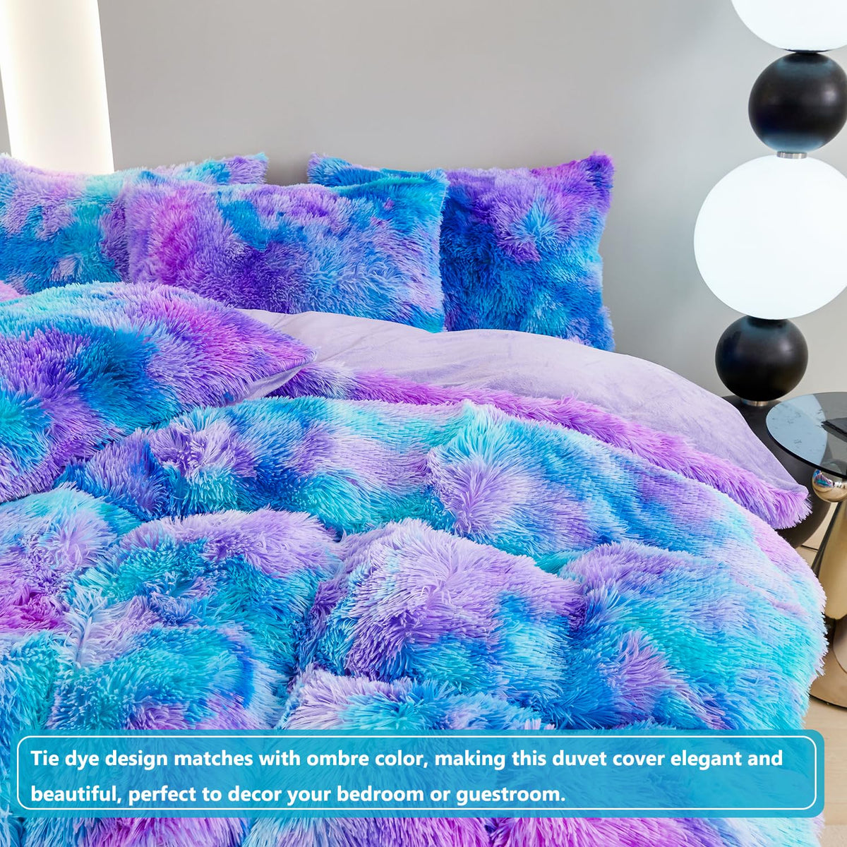 Hidden zipper closure mechanism and interior corner ties detail on the fluffy furry bedding set