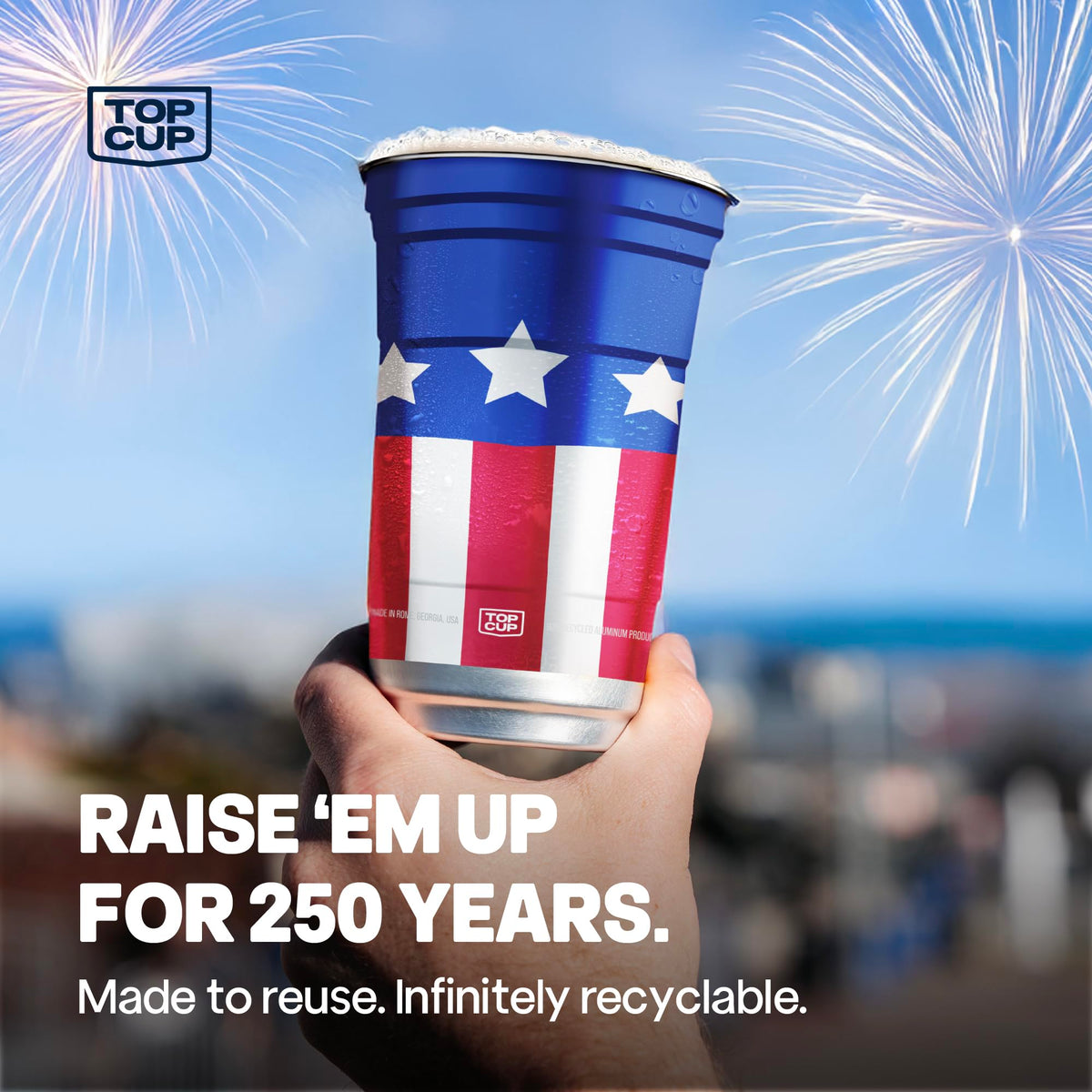 Top Cup patriotic aluminum cups arranged for outdoor party setup