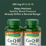 Back label of Nature's Bounty Coenzyme Q10 softgels detailing premium ingredients and instructions