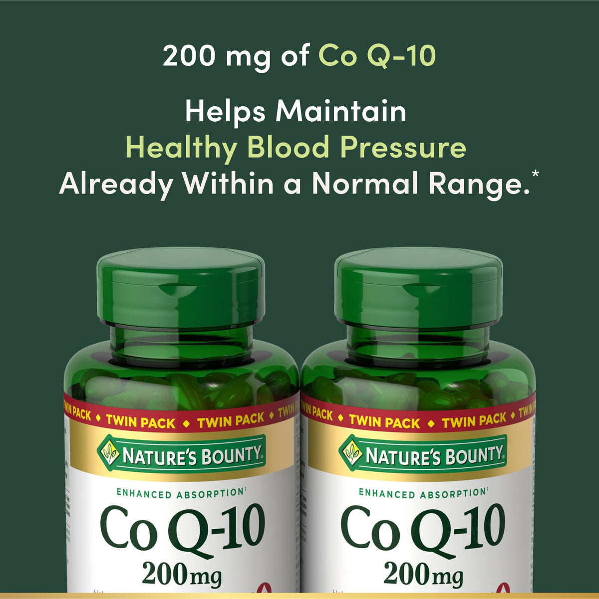 Back label of Nature's Bounty Coenzyme Q10 softgels detailing premium ingredients and instructions