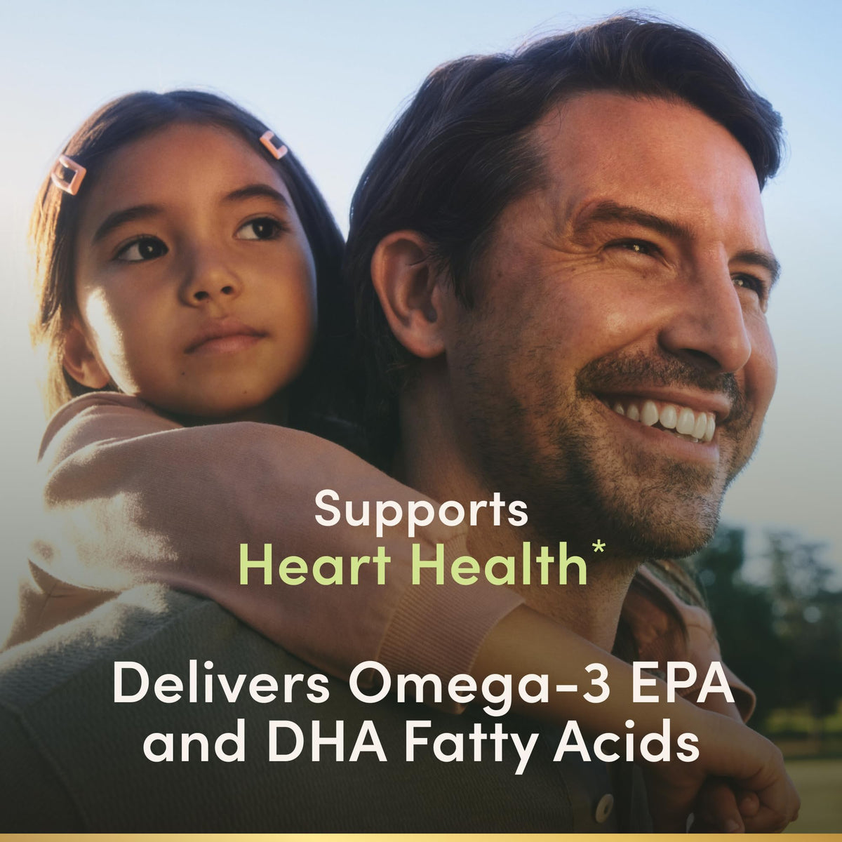 Side view of Nature's Bounty Omega 3 supplement bottle detailing the heart health benefits