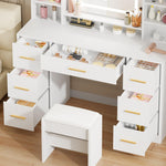 ANWBROAD white vanity table highlighting the three color lighting modes of the large dimmable LED mirror close up