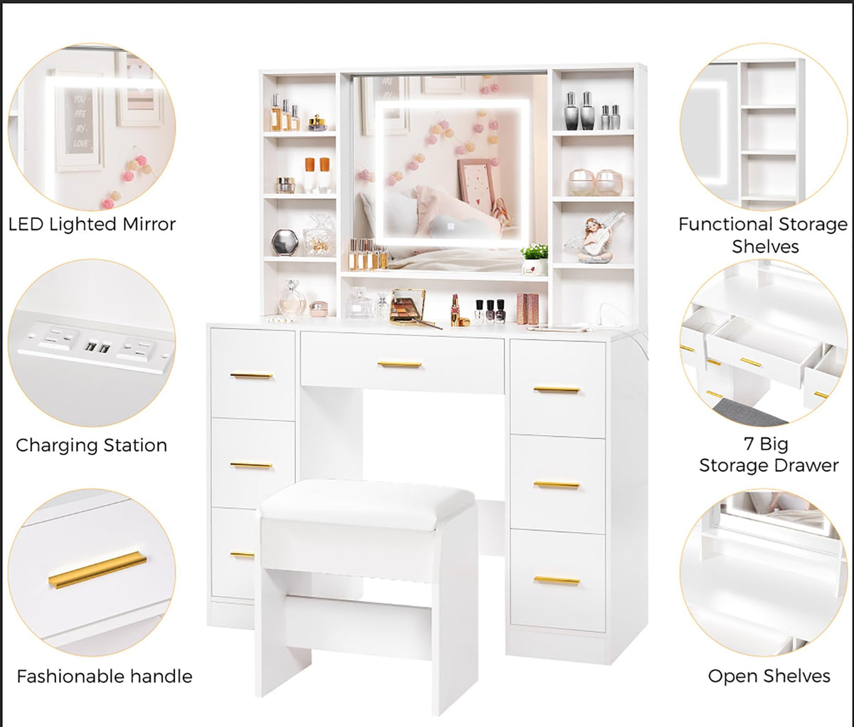 ANWBROAD dressing room furniture displaying the large storage capacity with open shelves and six side chest drawers