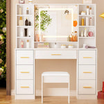 ANWBROAD bedroom vanity set with matching cushioned stool and organized cosmetic storage layout overview