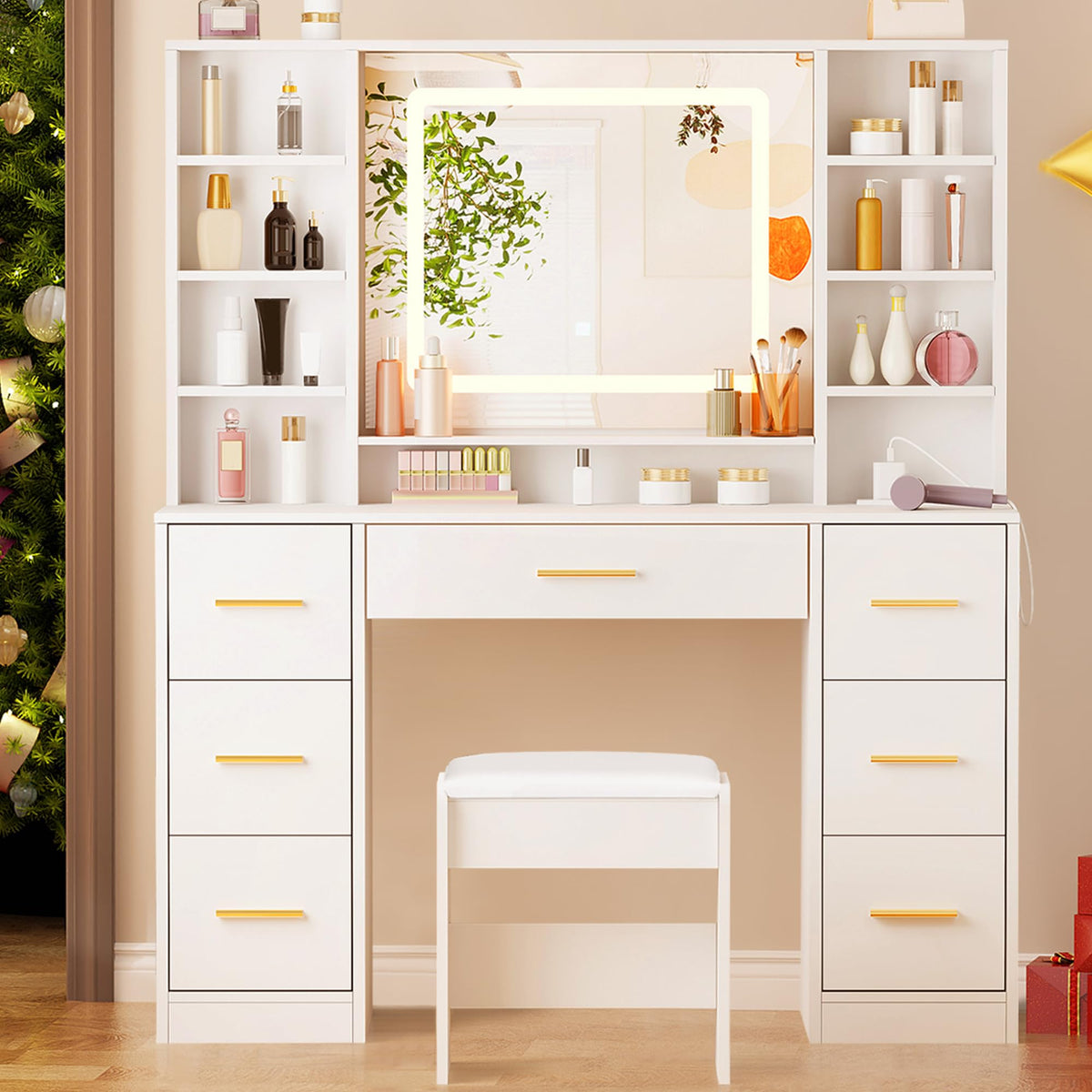 ANWBROAD bedroom vanity set with matching cushioned stool and organized cosmetic storage layout overview
