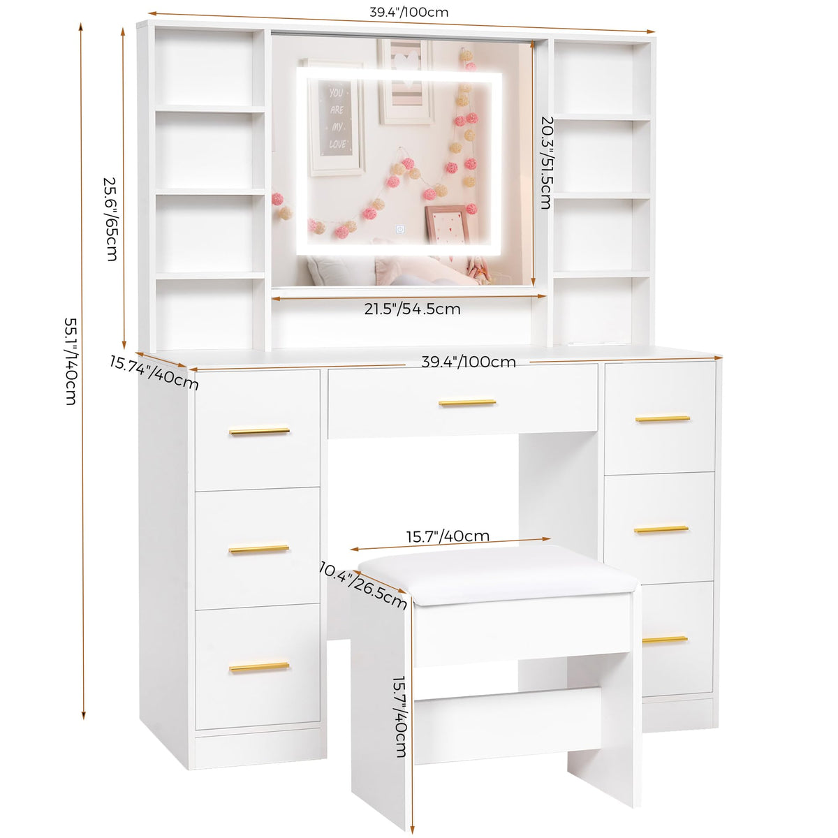 ANWBROAD engineered wood makeup desk demonstrating smooth silent drawer slides and sturdy frame construction detail