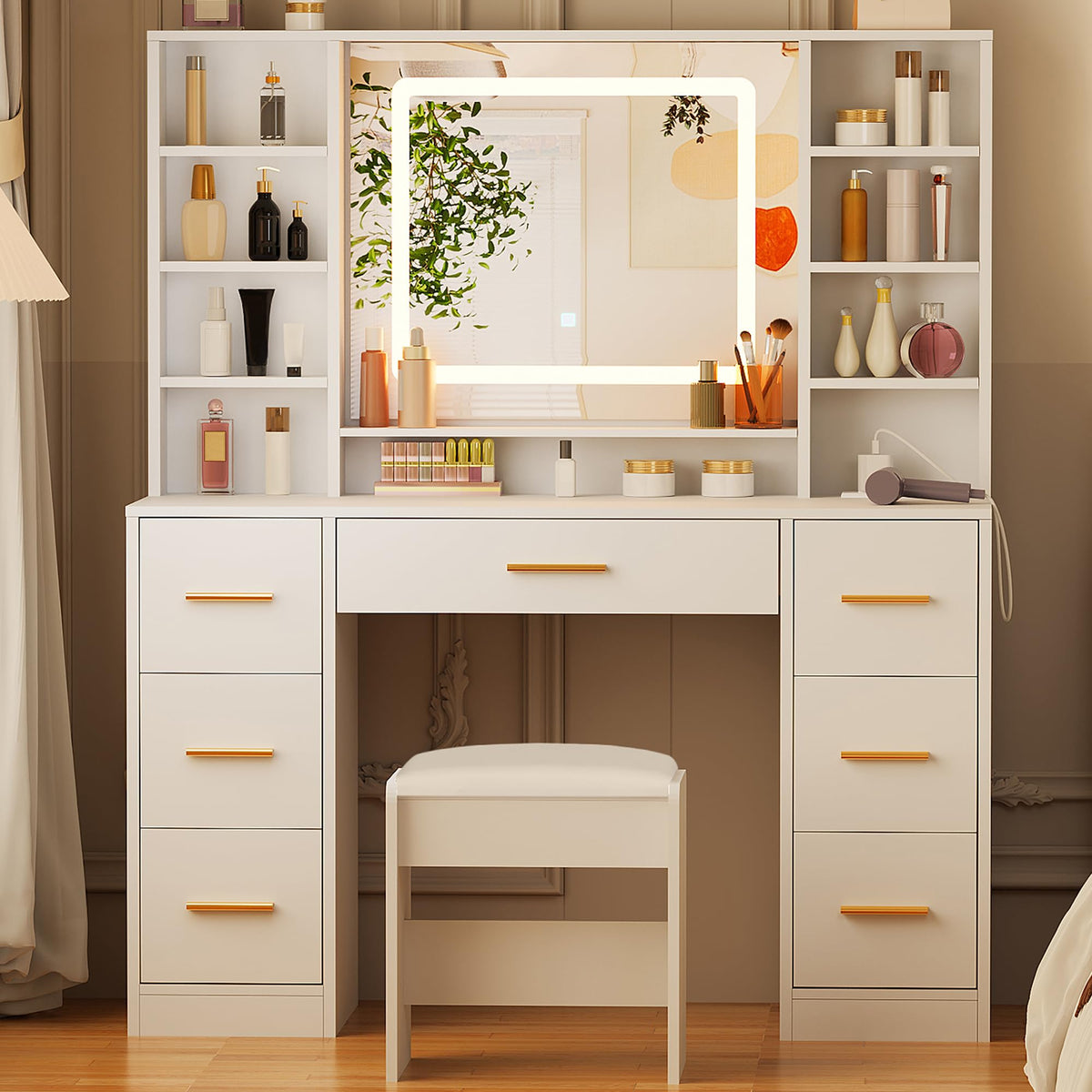 ANWBROAD white dressing table placed against a modern bedroom wall under warm light settings