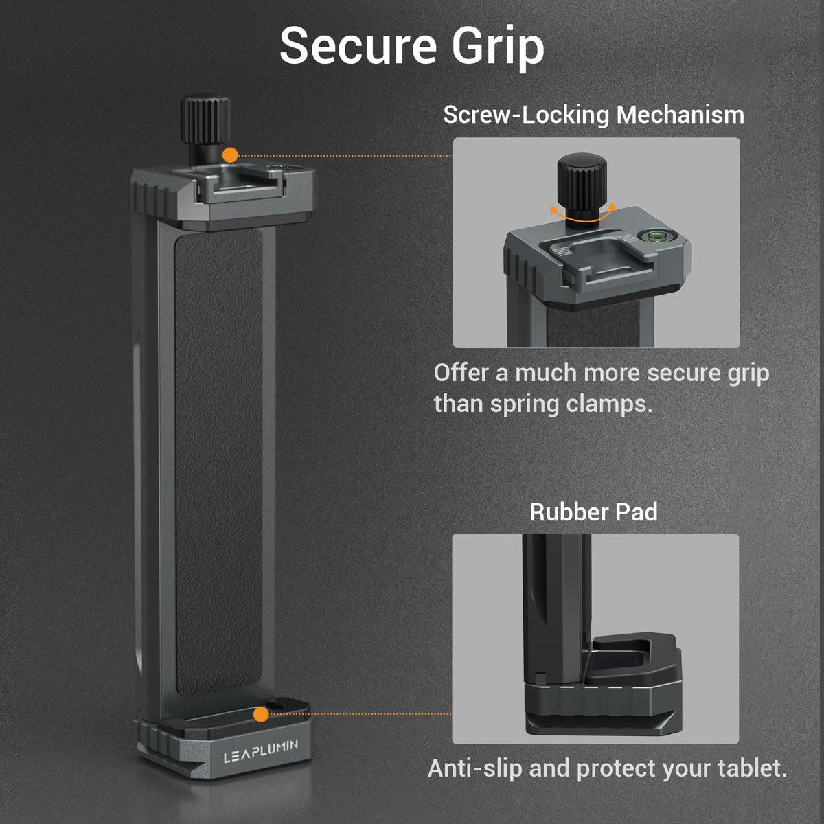 Leaplumin universal tripod mount adapter holding a tablet in landscape orientation