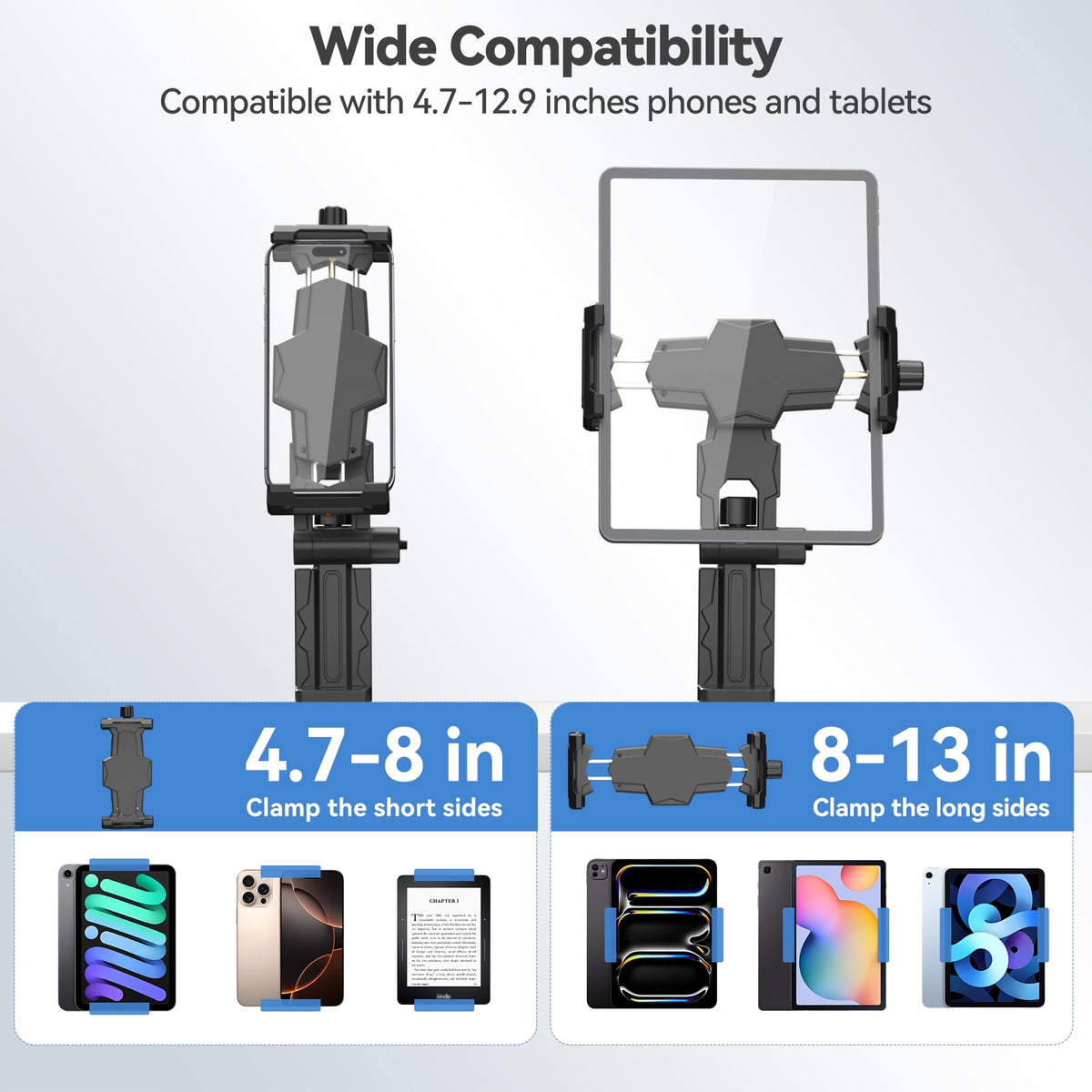 KDD portable device stand showing three hundred sixty degree rotating ball head