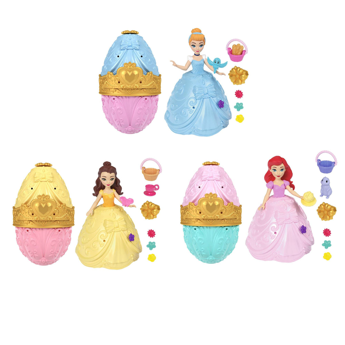 Close up view of the three potential mystery characters Belle Ariel and Cinderella