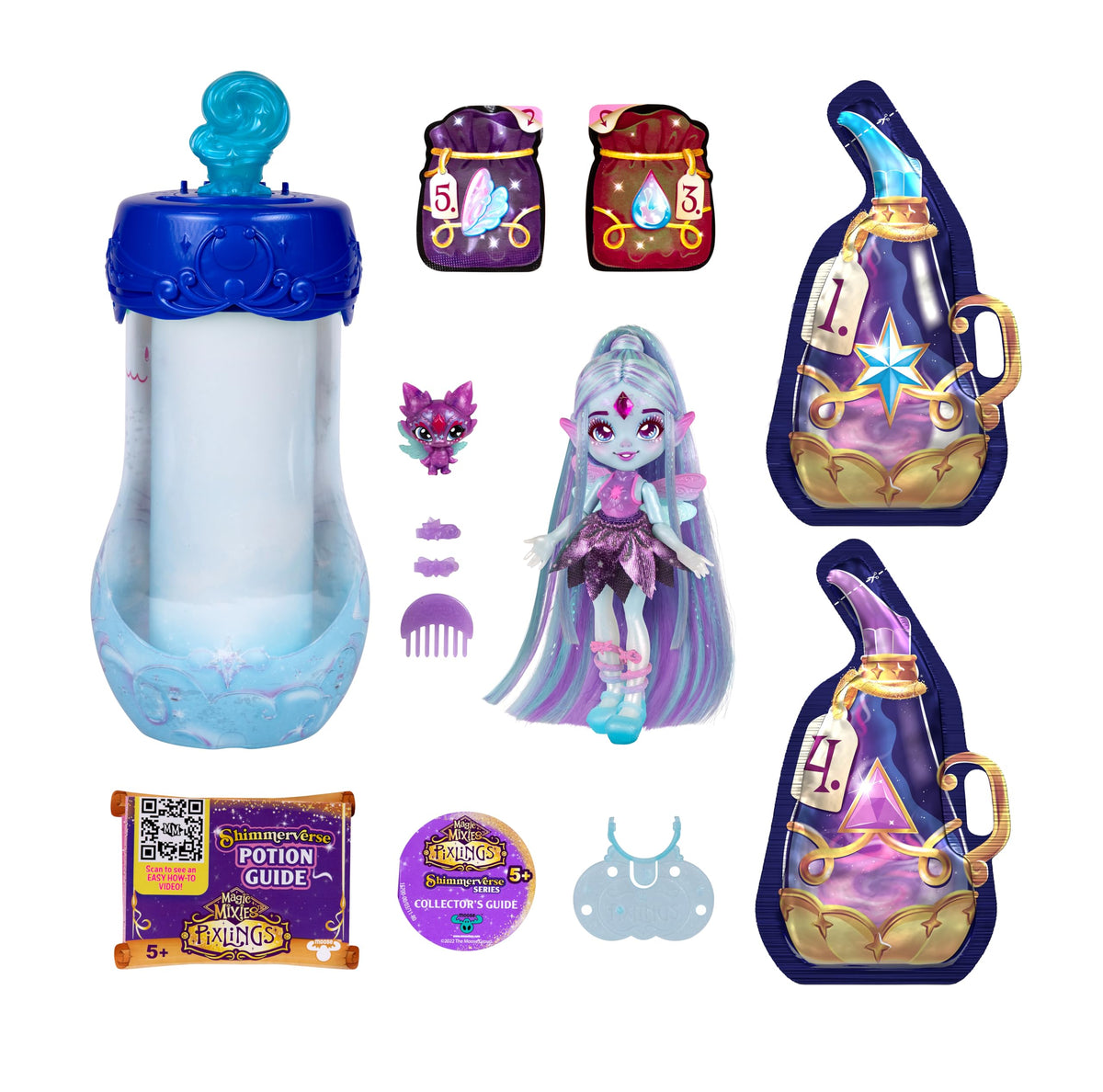 Magic Mixies Pixlings Flyt doll posed elegantly on the integrated bottle stand.