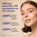 Swatch of the French skincare primer being blended into the skin for a dewy and smooth satin finish