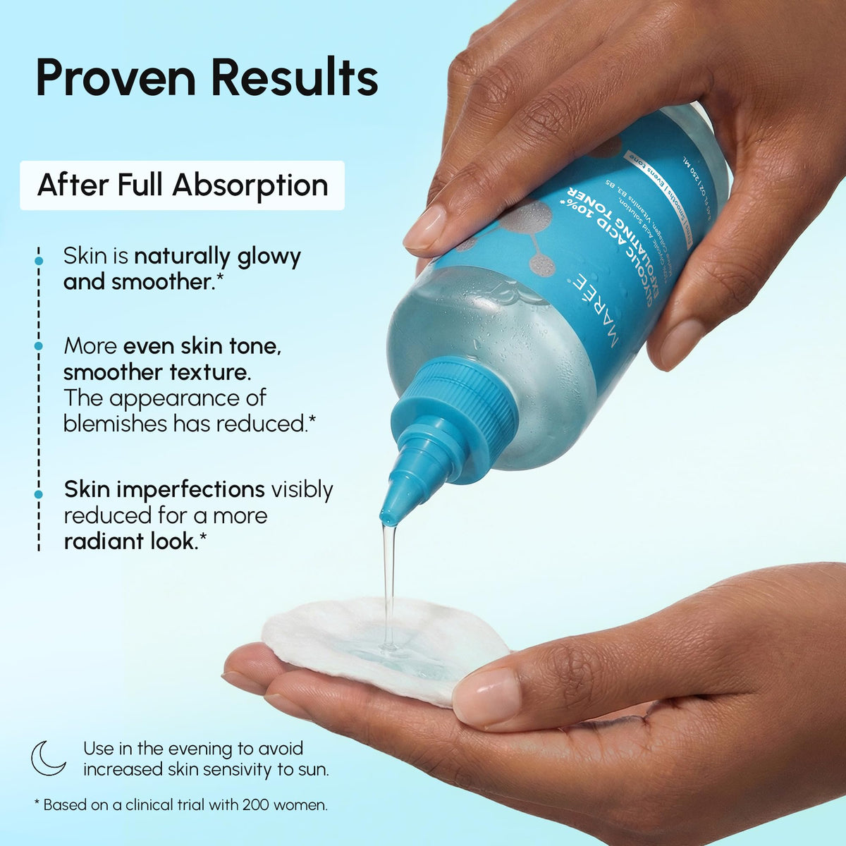 MAREE acido glicolico para manchas clear bottle packaging displaying liquid texture