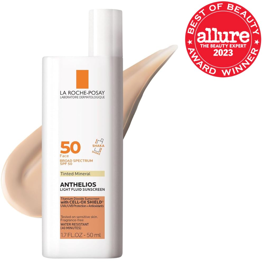 La Roche-Posay Anthelios tinted sunscreen benefit card — SPF 50 mineral protection