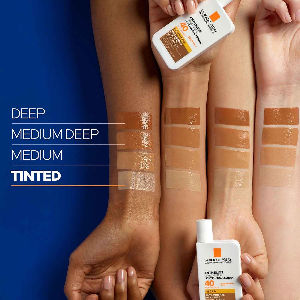 Anthelios mineral sunscreen feature icons — titanium dioxide and matte finish