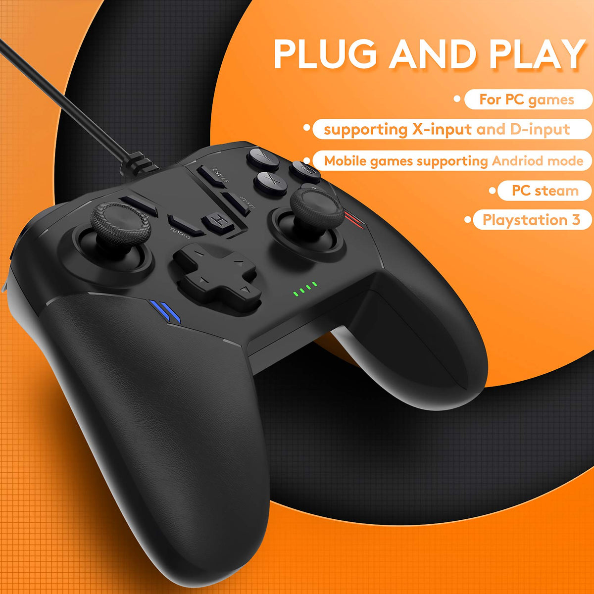 Uberwith gaming gamepad side profile showing integrated handles and dual vibration motor placement.