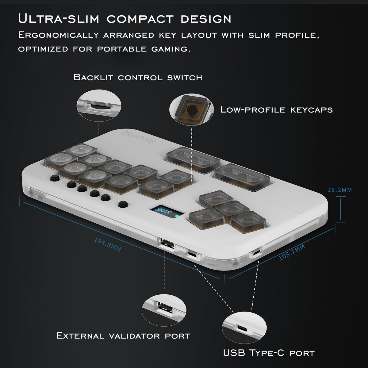 NLOFIN portable fighting game pad showing detailed keycap placement and wheel
