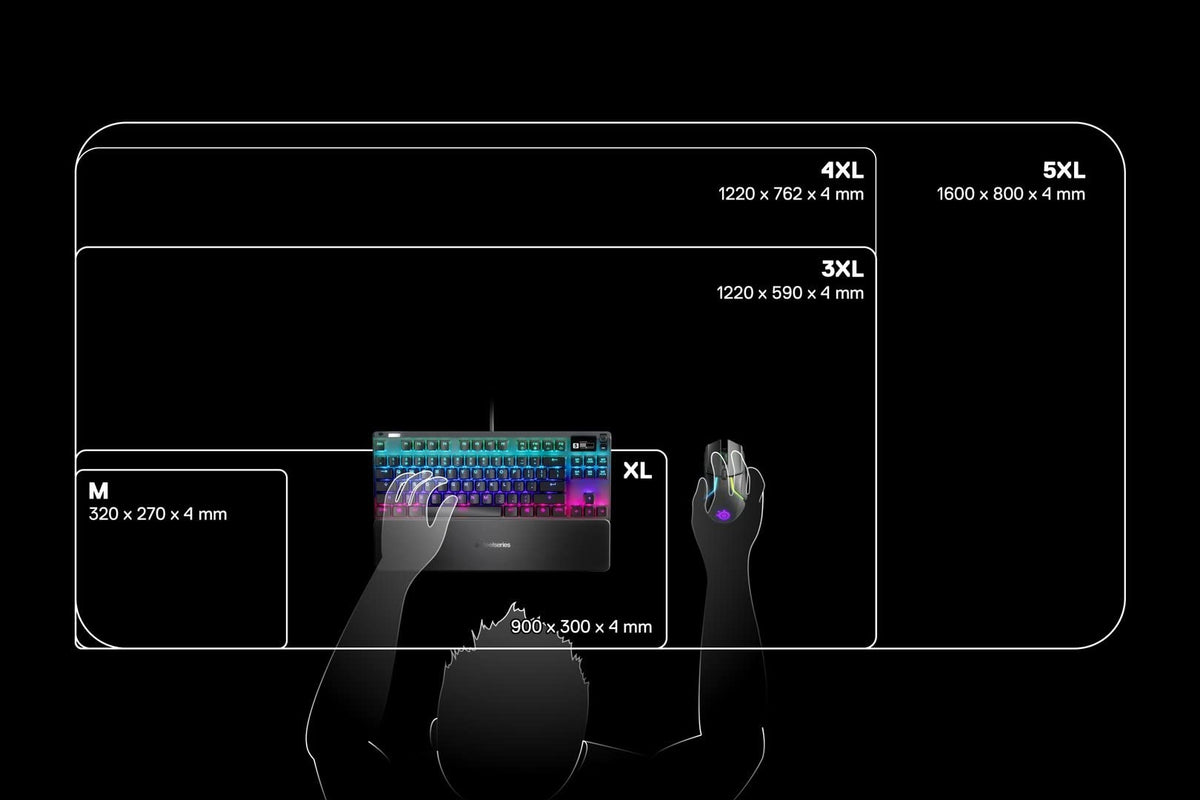 SteelSeries extra large cloth gaming mat showing a full size keyboard and mouse placed on its tracking surface.