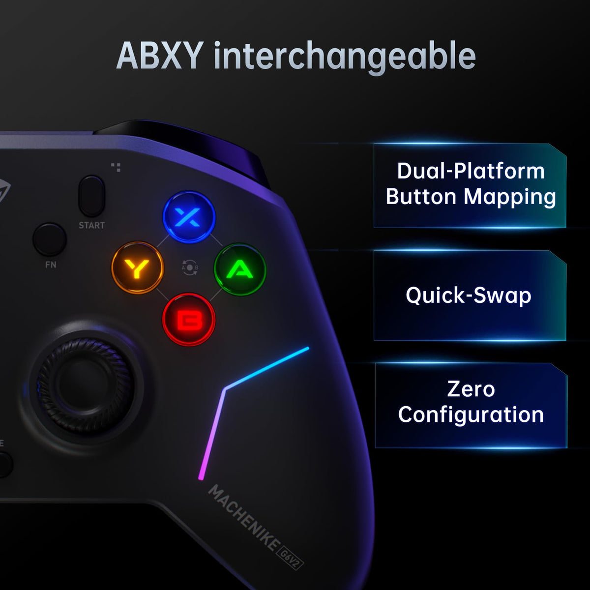 Wireless gamepad showing included interchangeable silicone joystick caps and accessories.