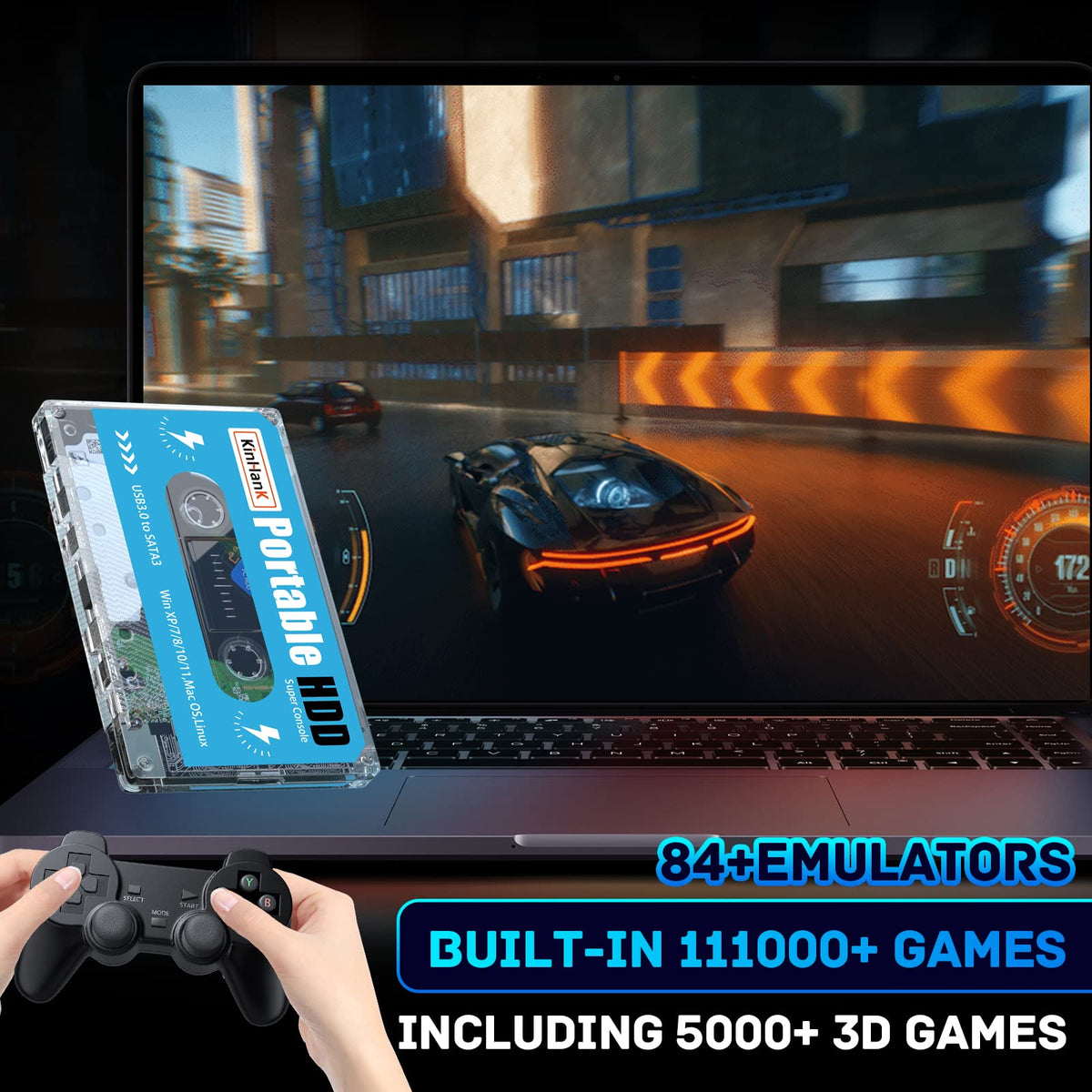 Kinhank external retro gaming drive connected via USB 3.0 cable to a laptop computer