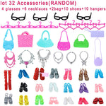 BJDBUS fashion doll wardrobe items including miniature glasses necklaces and plastic handbags