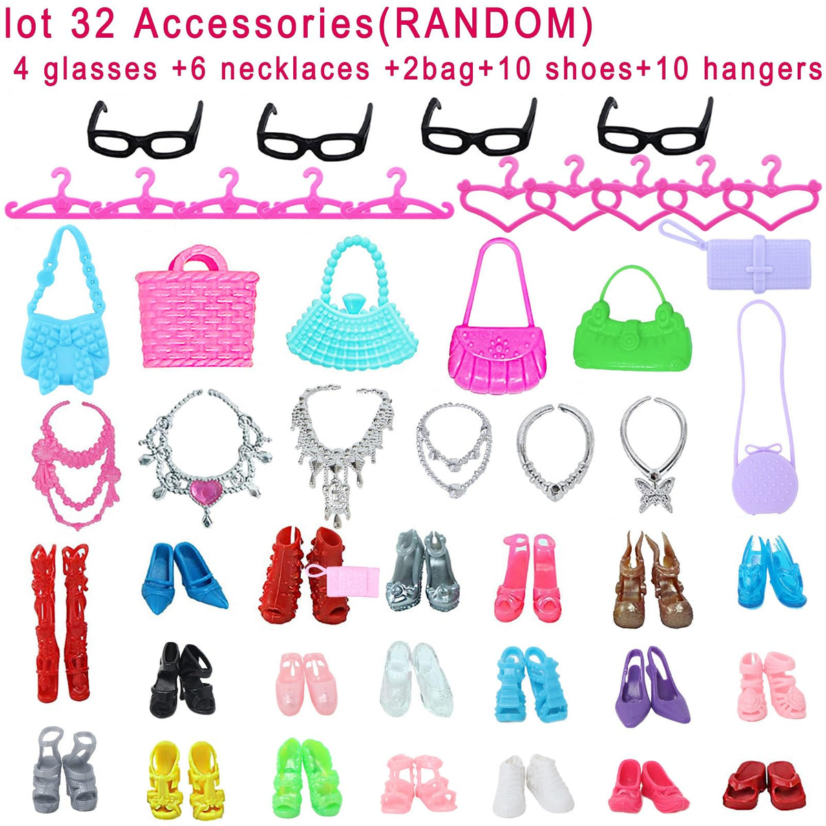 BJDBUS fashion doll wardrobe items including miniature glasses necklaces and plastic handbags