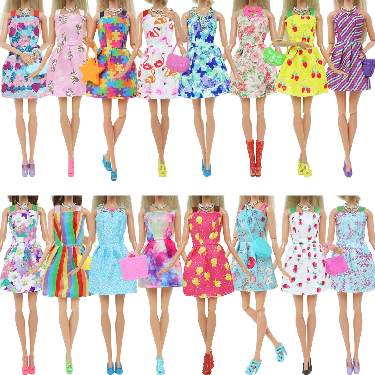 BJDBUS random assortment of handmade satin doll dresses with sticky buckle fasteners displayed openly