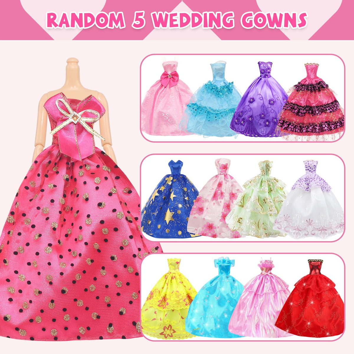 Detailed close up of miniature doll shoes and plastic necklaces included in the accessories pack.