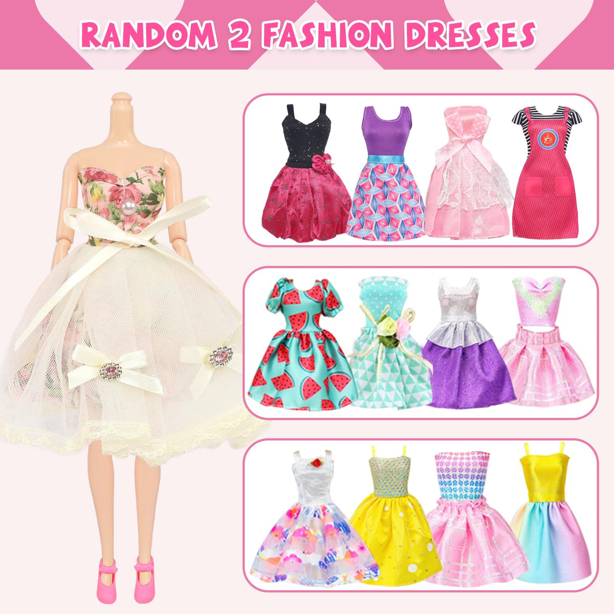 Ecore Fun doll swimsuits and leisure wear outfits laid out neatly for eleven point five inch dolls.