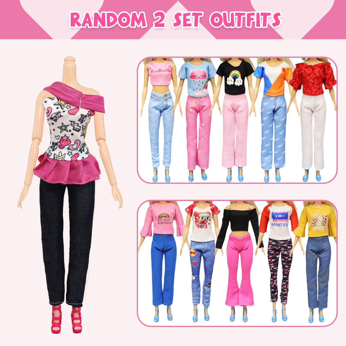 Complete variety layout of the ninety nine piece doll wardrobe set showing all mix and match options.