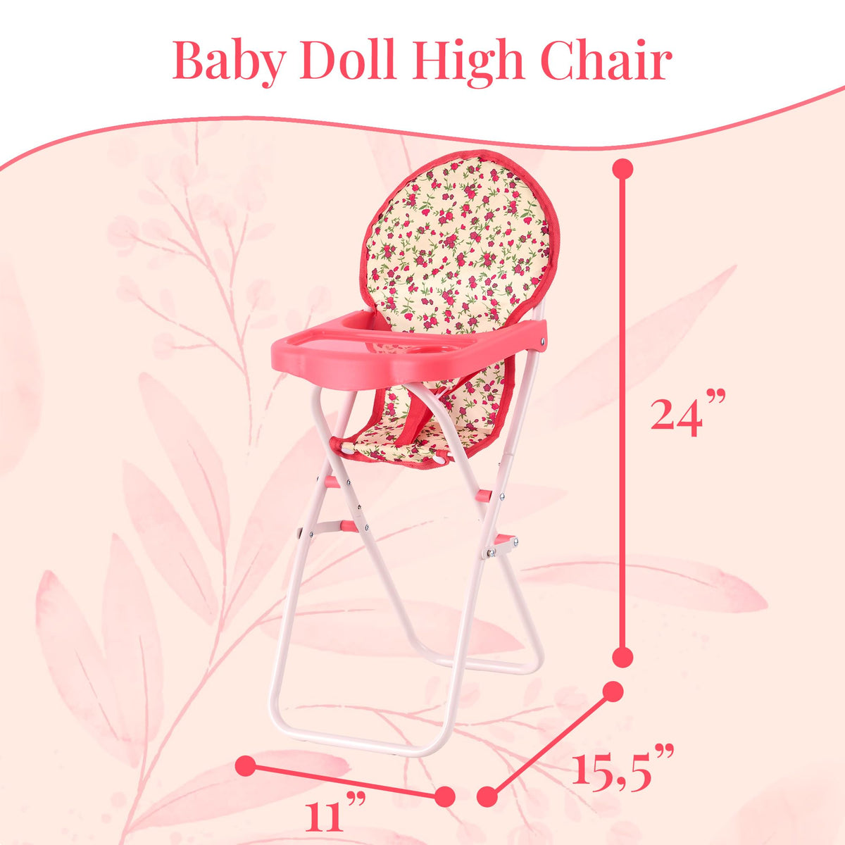 Side profile of the toy doll high chair with attached white feeding tray and safety belt.