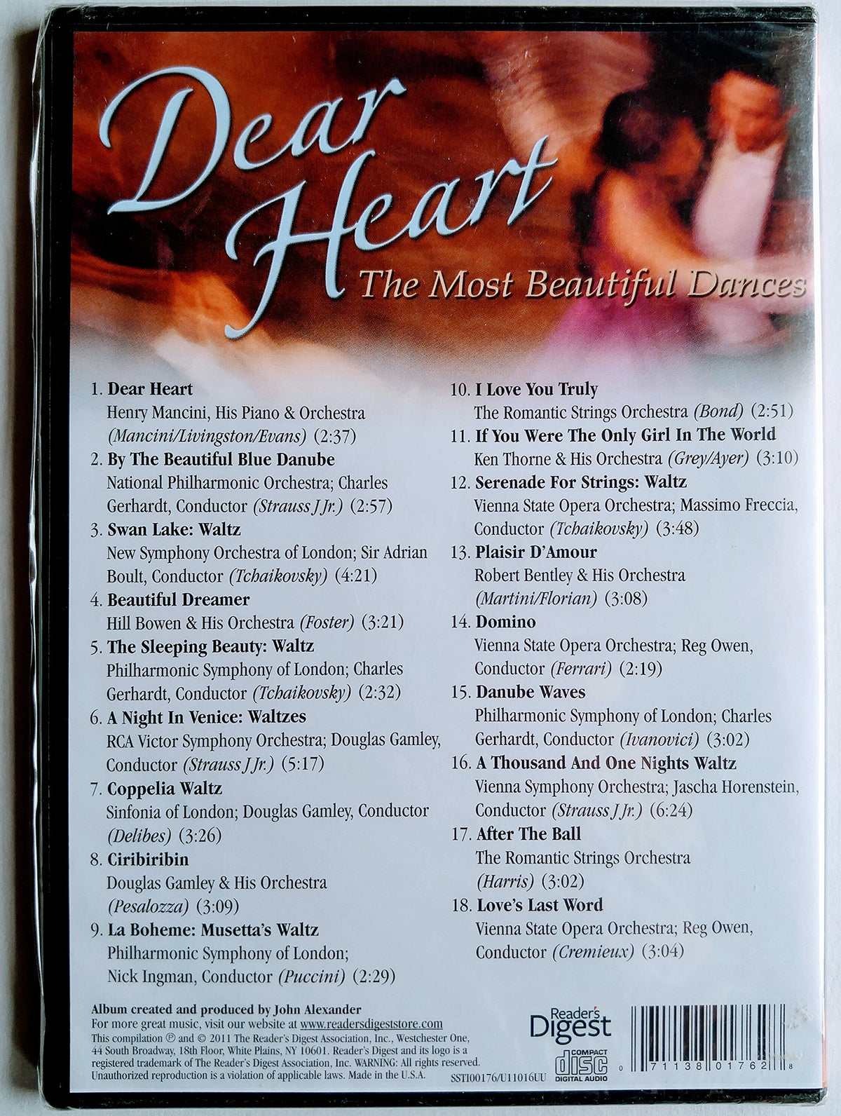 Back view of the Readers Digest Dear Heart compact disc case showing track details and official branding.