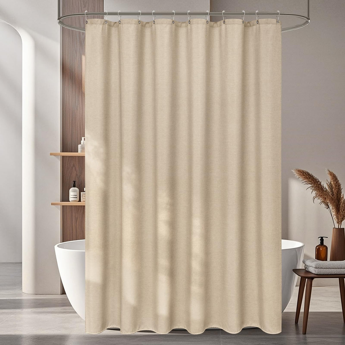 Seenus farmhouse style brown fabric curtain showing the top reinforced header and rustproof metal eyelets.