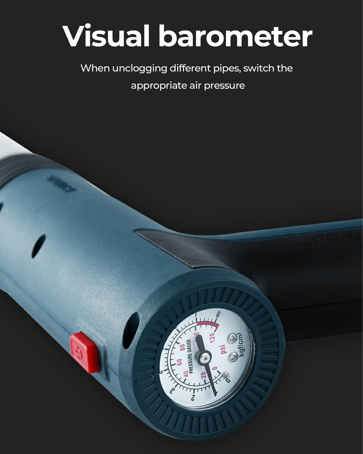 Close up of Gofuch air pressure gauge on plumber tool