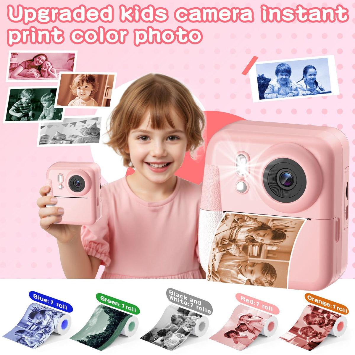 Side angle view of the pink children digital camera displaying the compact travel-friendly body structure.