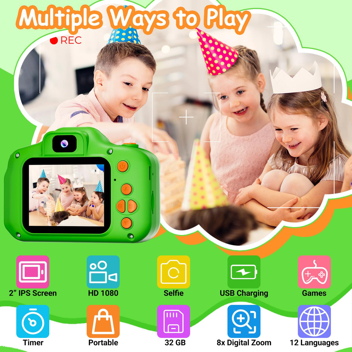 Green SplashNSpray children camera being held by a young child demonstrating its portable compact size.