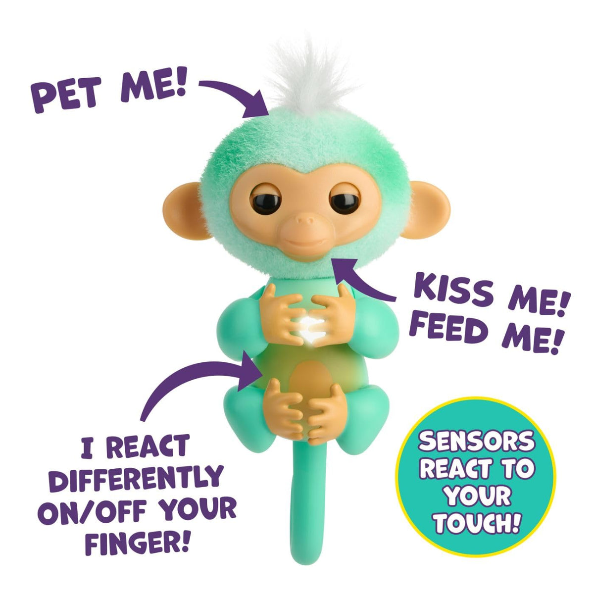 Fingerlings Ava baby monkey showing glowing heart feature packaging