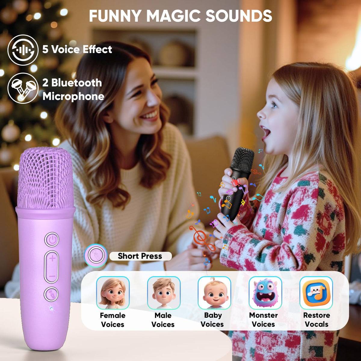 Two compact wireless microphones with intuitive control buttons for volume and voice effects.