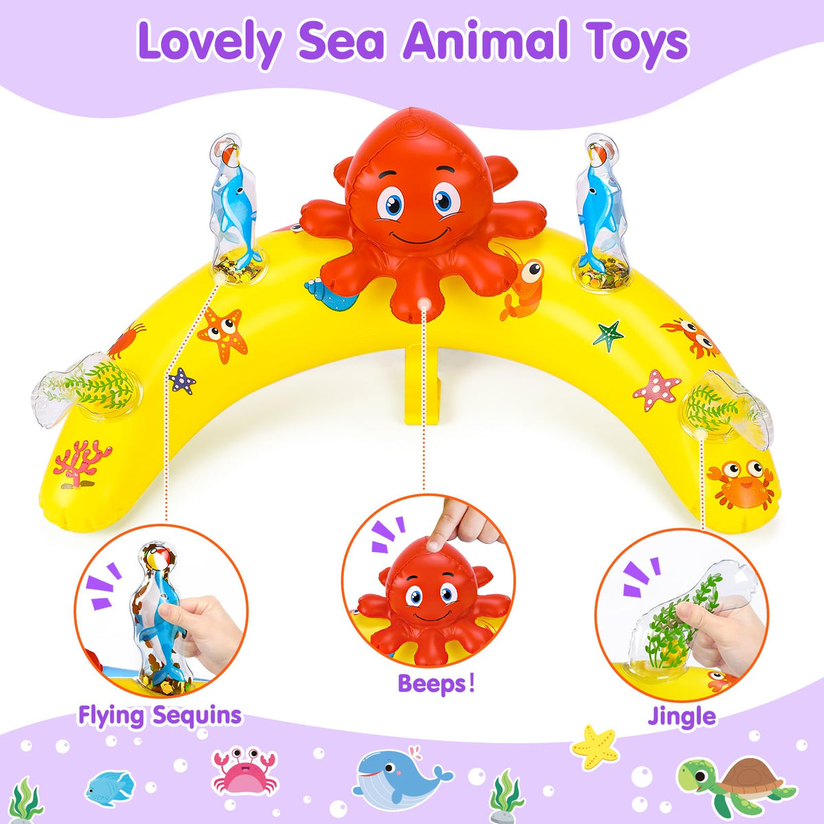 Close up of detachable sensory toys on baby pool float