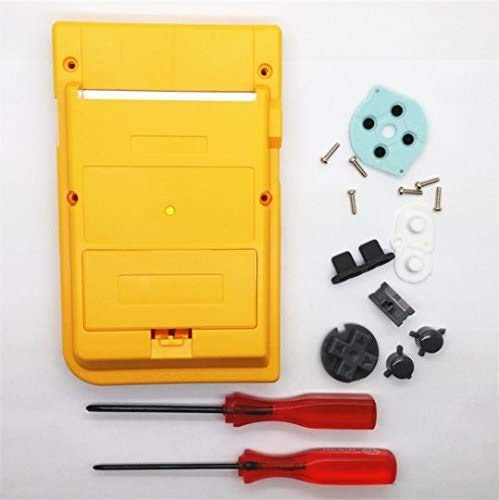Premium yellow plastic shell case replacement with matching rear sticker for handheld gaming.